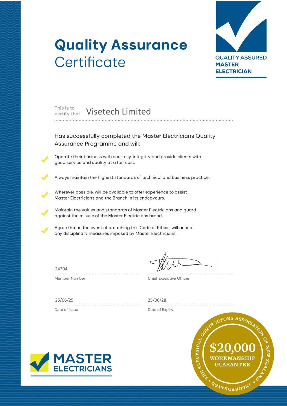 VISETECH Master Electricians Quality Assurance Certificate