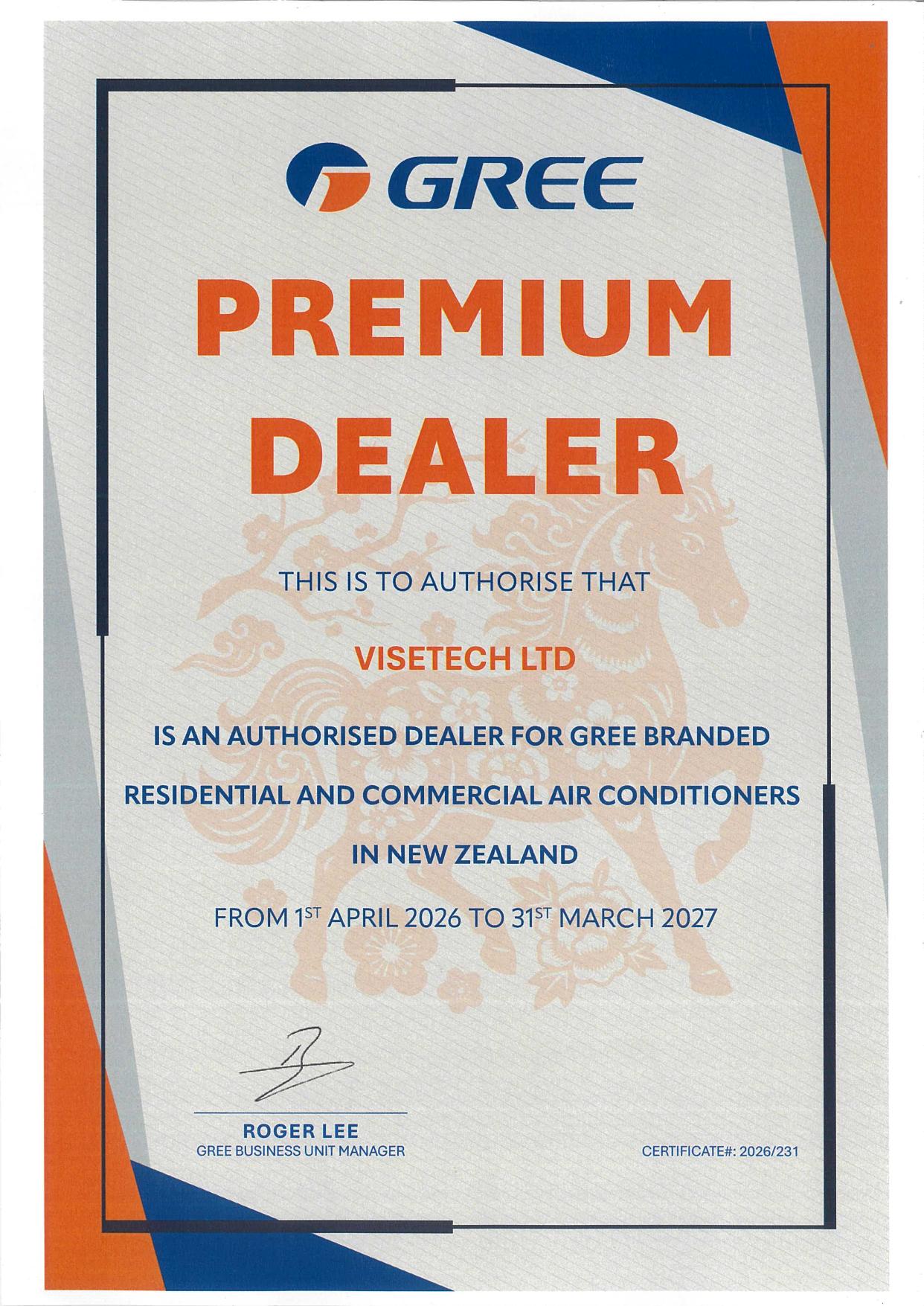 VISETECH GREE Authorised Premium Dealer Certificate 2026