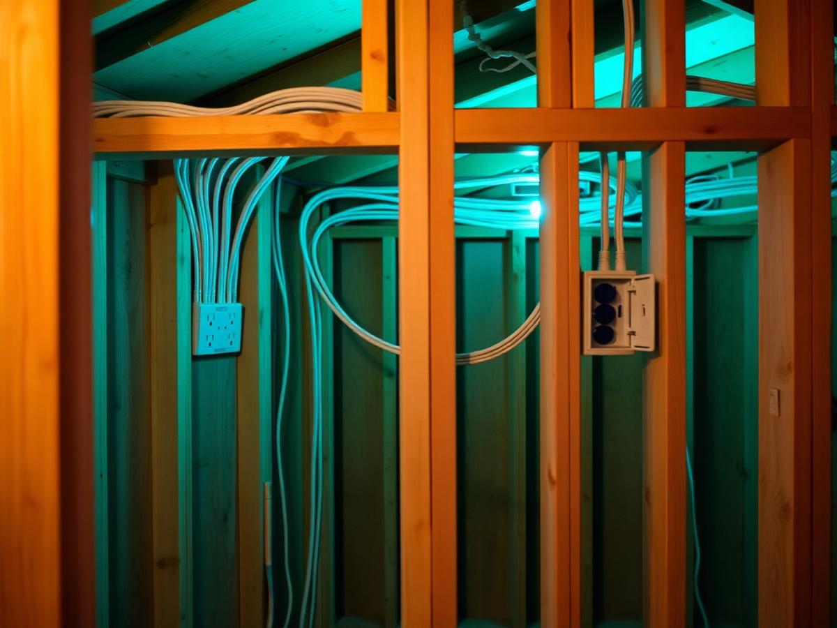 New build electrical rough-in with cables run through timber framing and socket boxes fixed in place