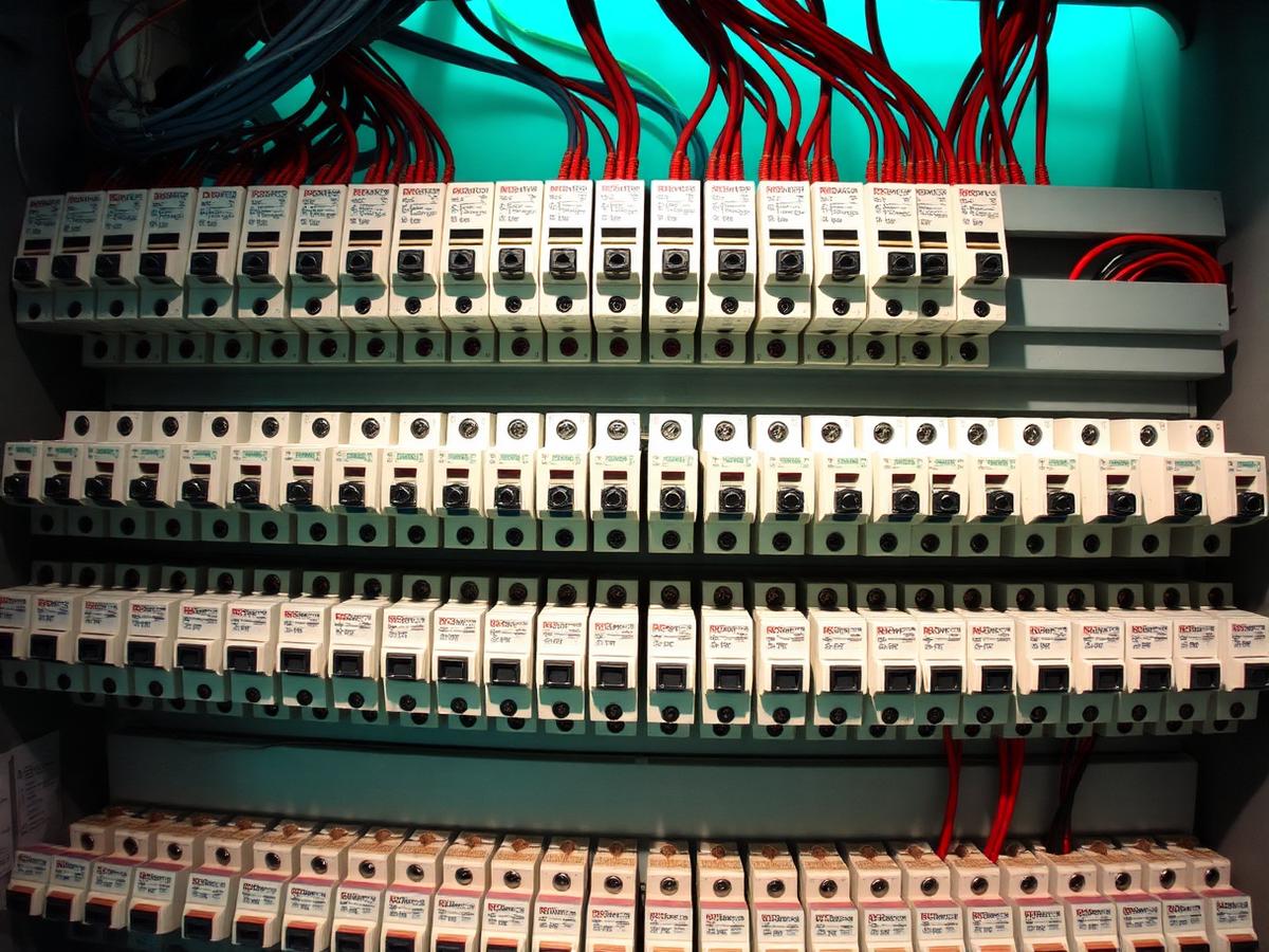 Modern residential switchboard interior with rows of RCBO circuit breakers and tidy wiring