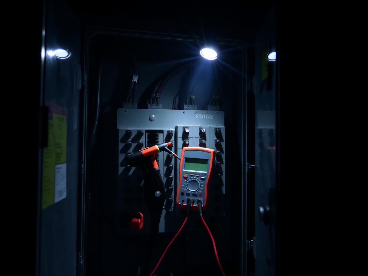 Open switchboard being fault-diagnosed at night with a multimeter and torch light