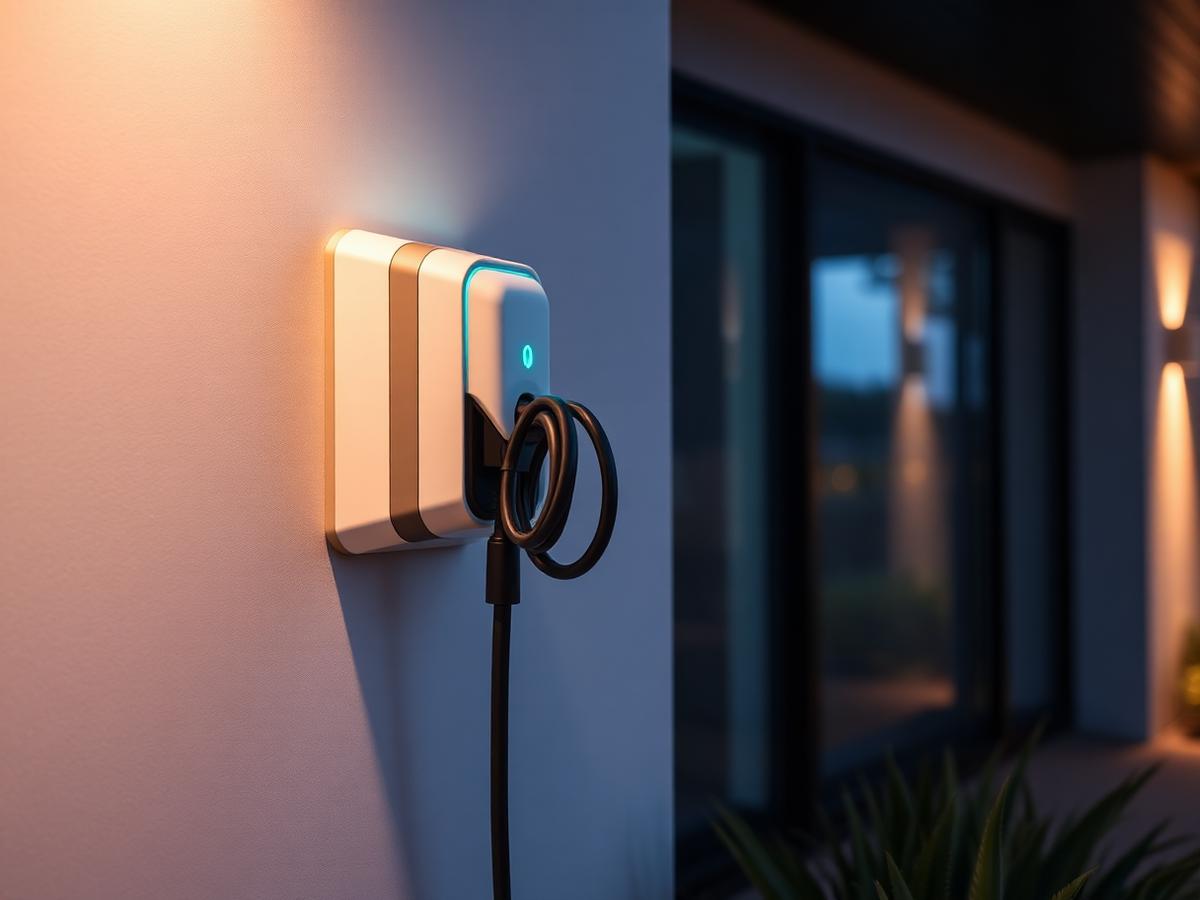 Wall-mounted EV charger installed on a house exterior wall with coiled charging cable