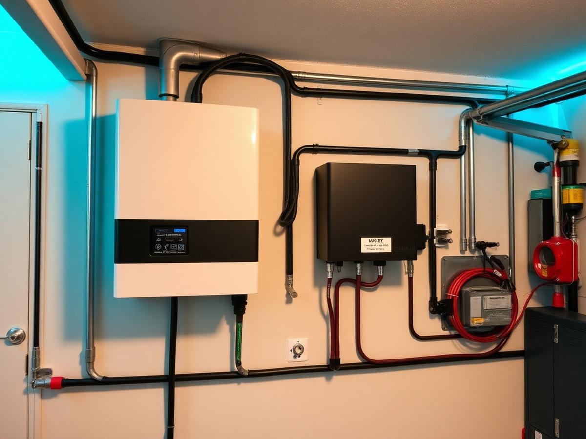 Solar inverter and battery storage unit wall-mounted in a garage with DC isolators