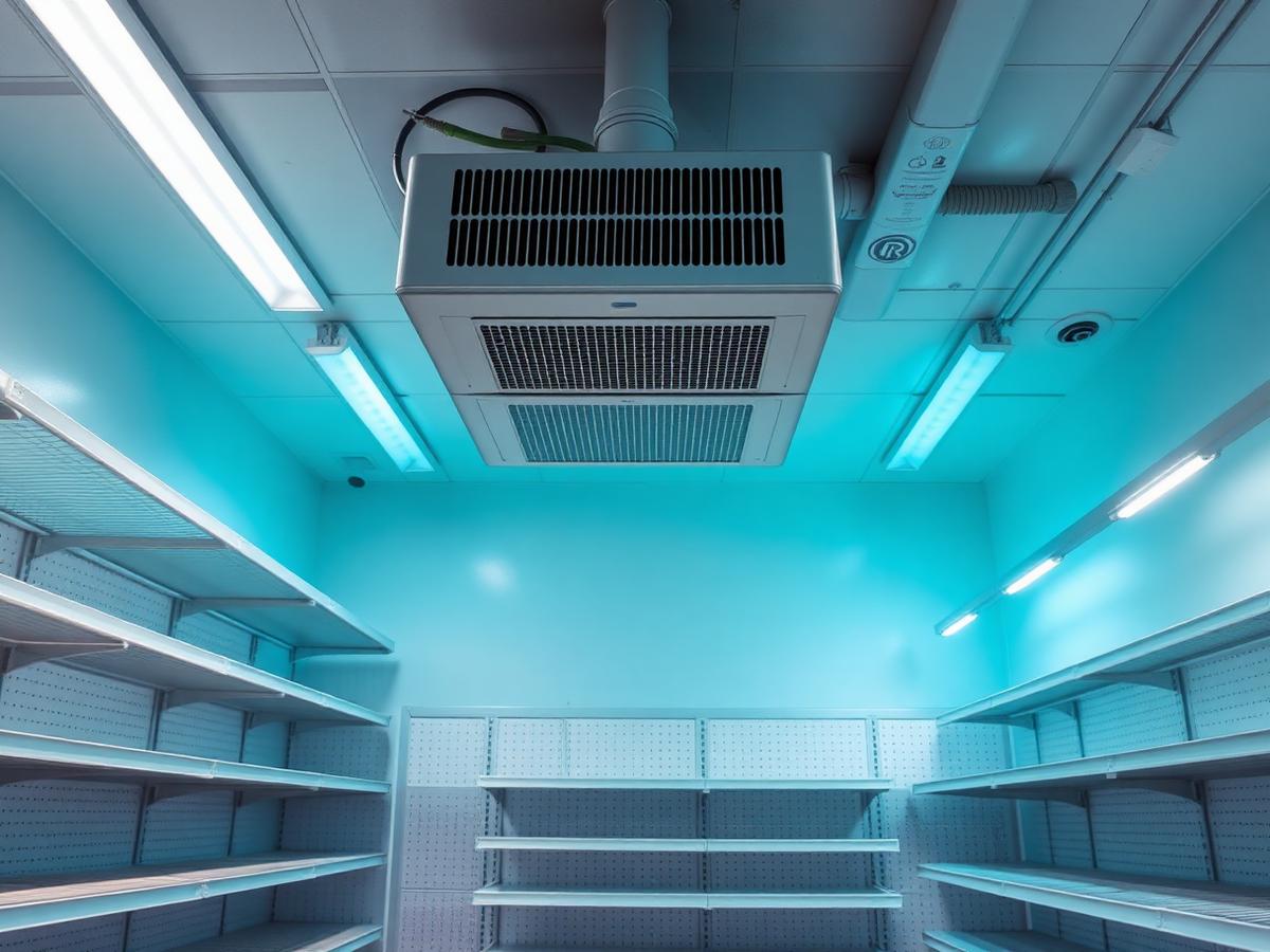 Commercial coolroom interior with a stainless steel ceiling evaporator unit