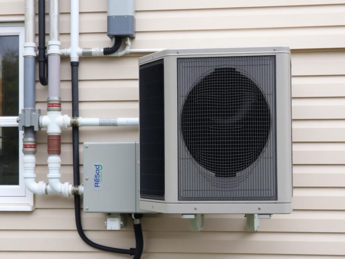 Heat pump outdoor condenser unit mounted on a house wall with insulated pipework