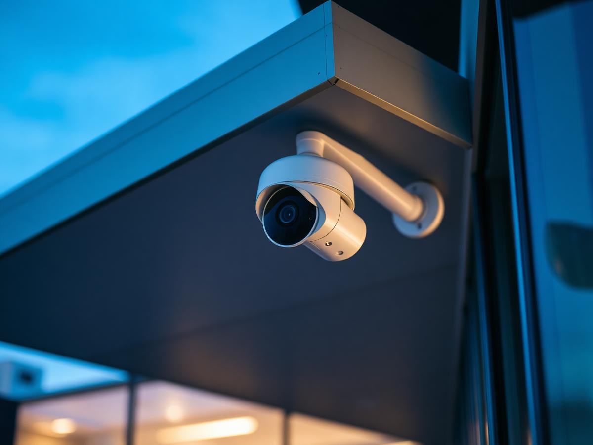 Outdoor IP security camera mounted under a building eave