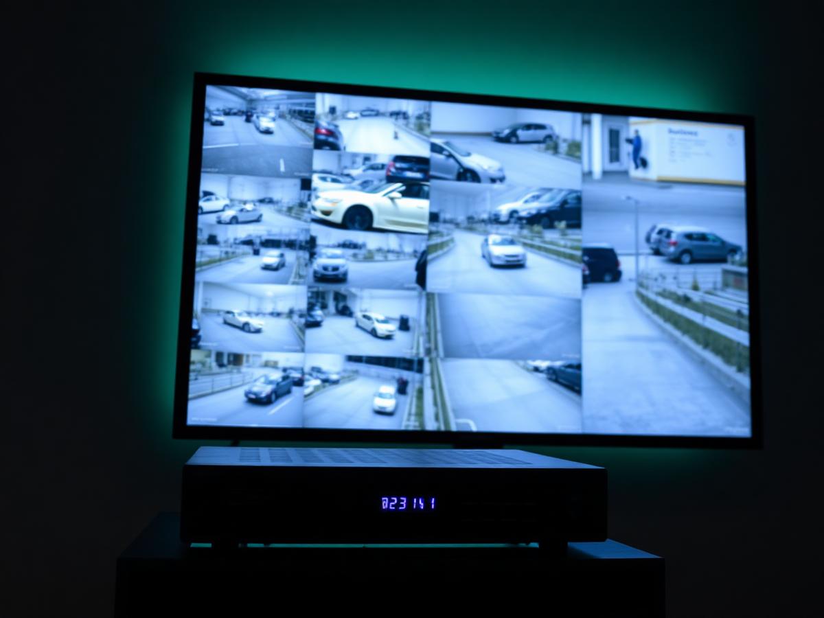 NVR recorder and monitor displaying a multi-camera CCTV view grid