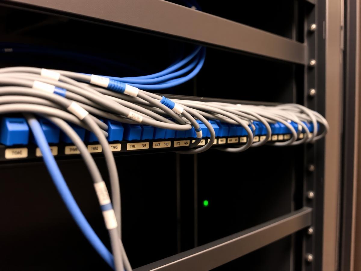Cat6 patch panel in a network cabinet with labelled patch cords combed into tidy bundles