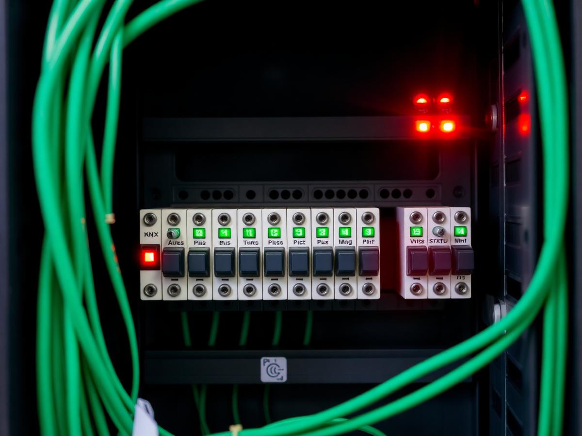 KNX DIN-rail automation controller and bus actuators inside a distribution board