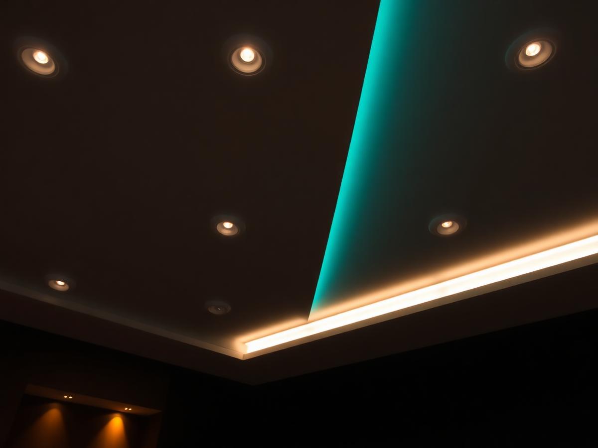 Interior ceiling with recessed LED downlights and a linear LED cove strip