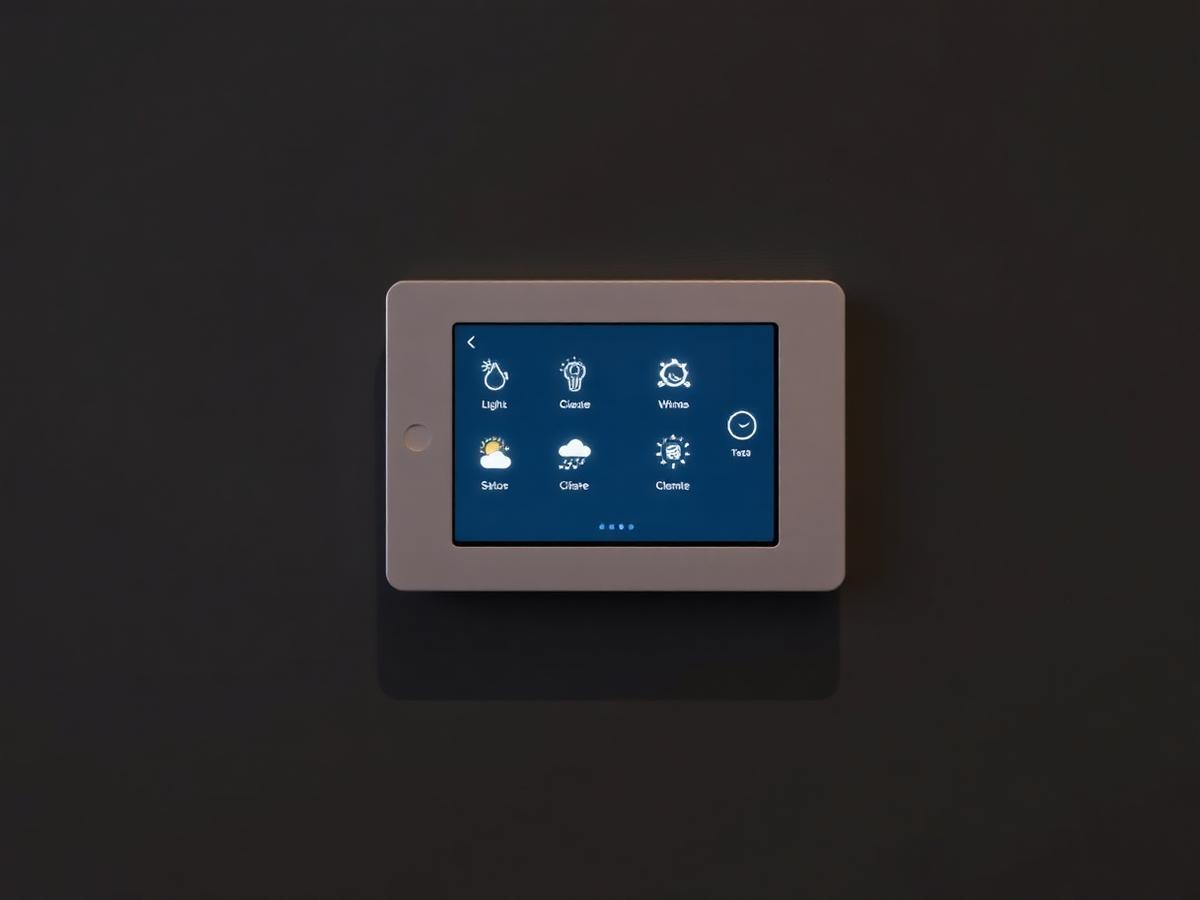 Wall-mounted smart home control touch panel showing lighting and climate scenes