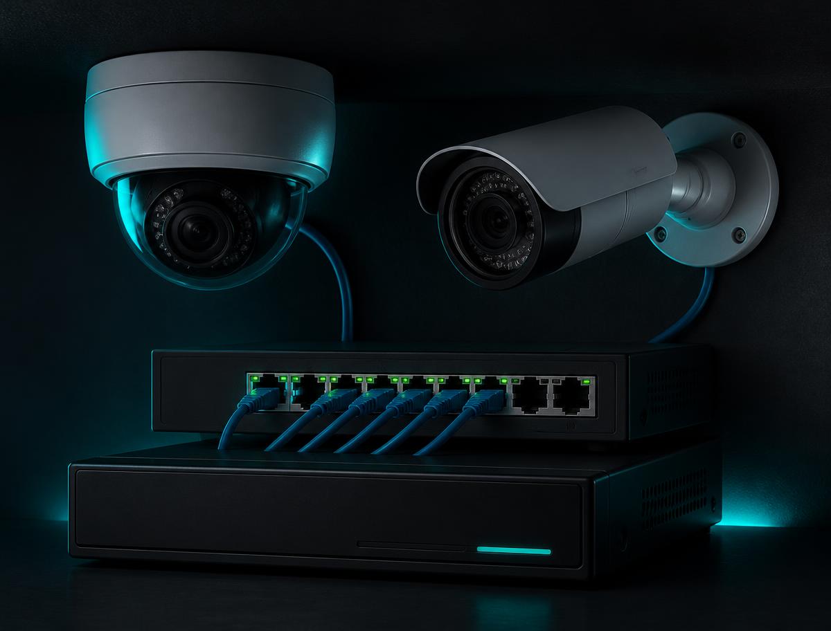 IP CCTV cameras connected to a PoE network switch and NVR