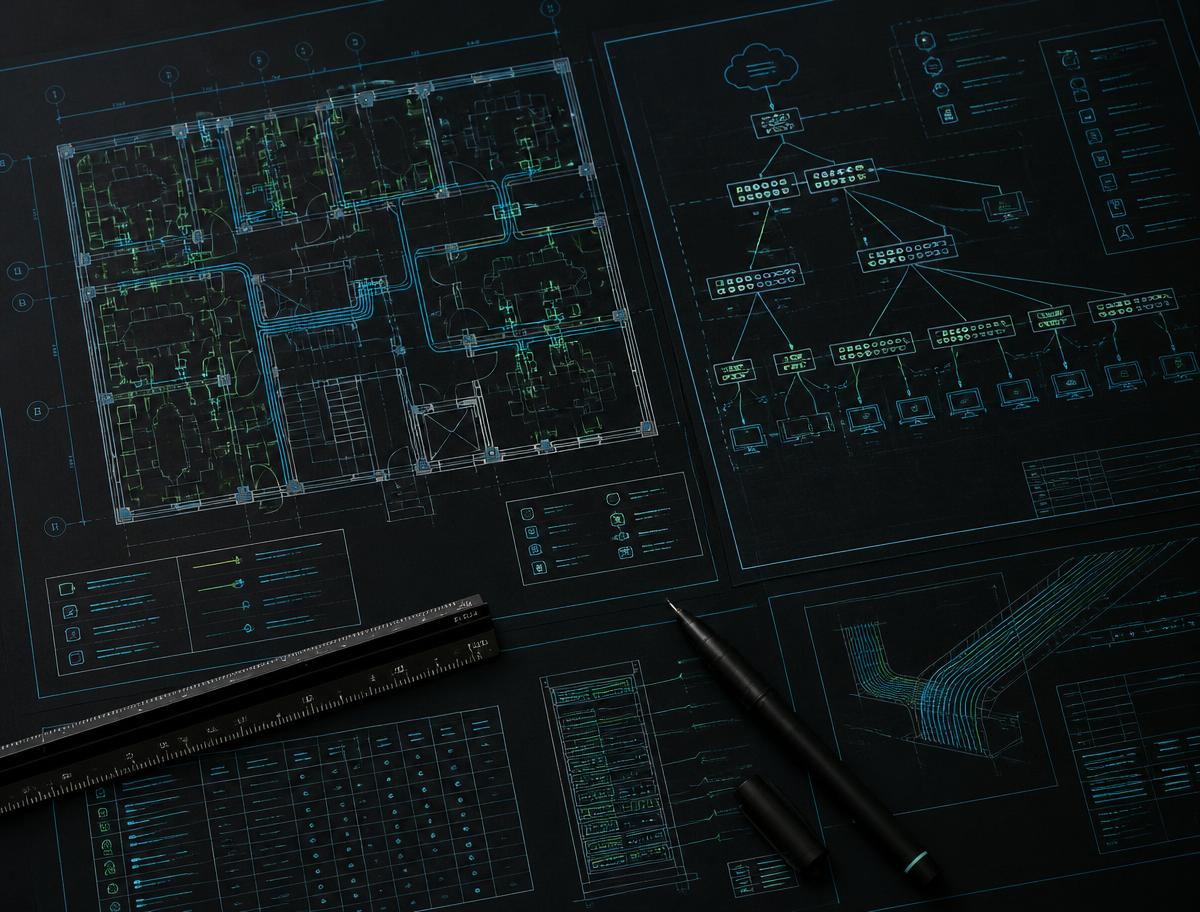Telecommunications network design drawings — floor plan cabling routes and network topology diagram