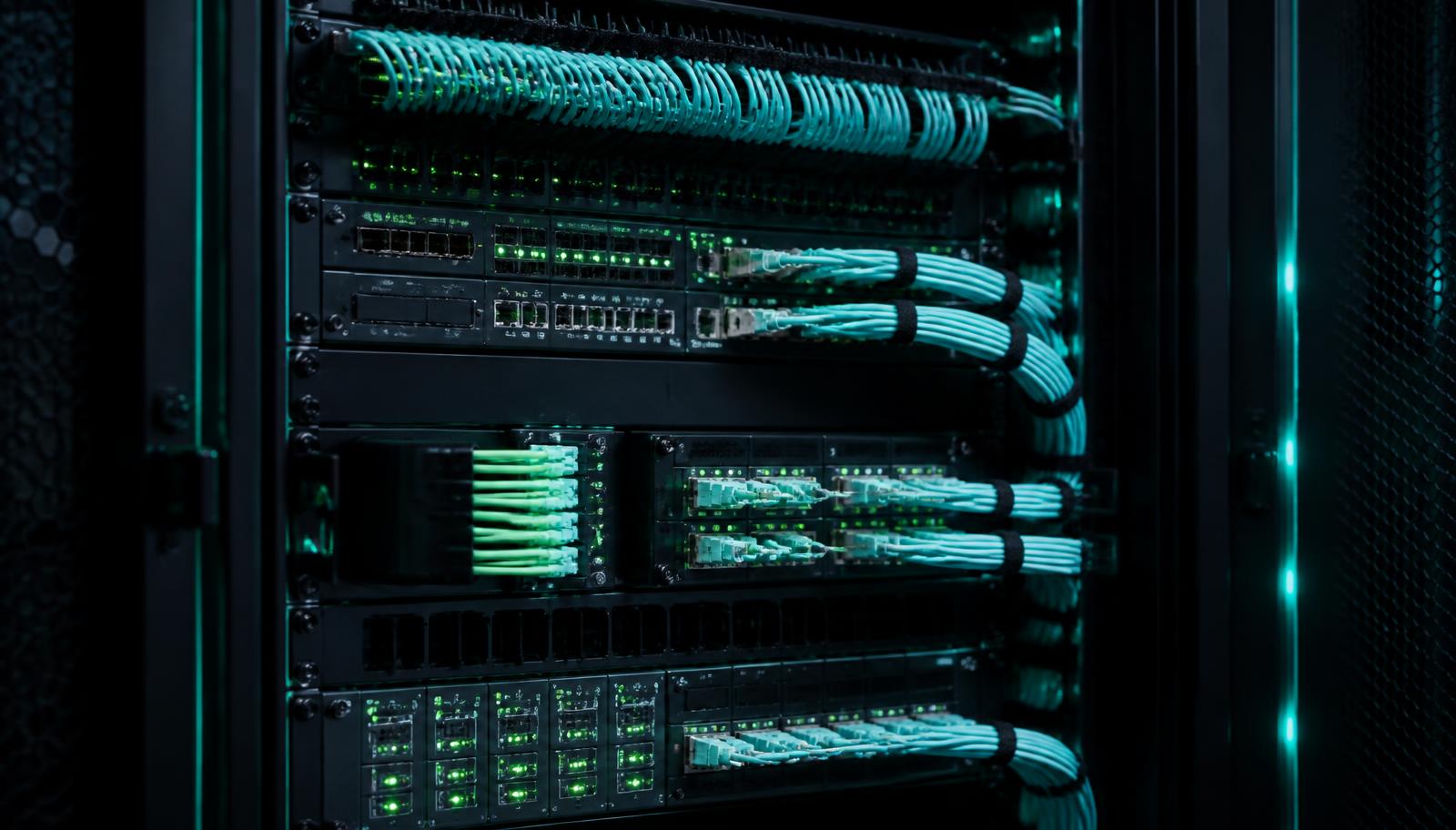 Communications rack with patch panels, network switches and fibre trays