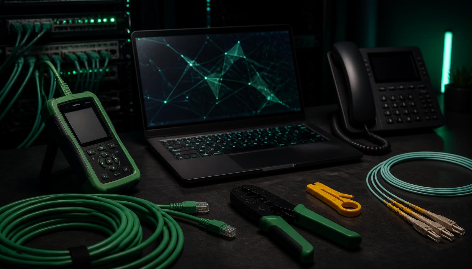 Telecommunications test equipment, VoIP phone and Cat6 and fibre patch cords on a workbench